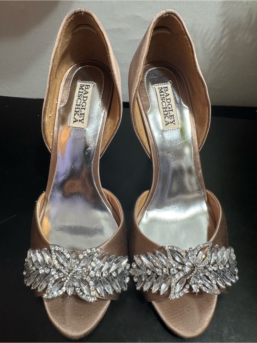 Badgley Mischka Bronze Satin Crystal-Embellished Peep Toe Heels